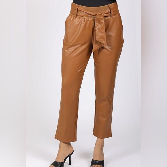Rewash Women's Size M Light Brown Vegan Leather Belted Ankle Length Pants - Picture 1 of 11